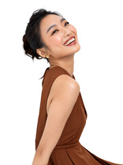 Fototapeta premium Cheerful Asian woman with confident smile looking at camera wearing brown dress on white background