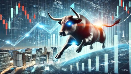 bull in the dark whit background  market graph