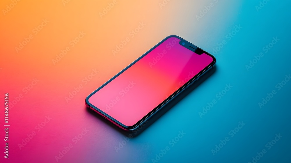Poster vibrant smartphone display on soft gradient background with colorful hues in shades of blue and oran
