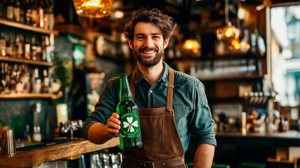 Smiling bartender with shamrock beer bottle in Irish pub
