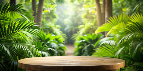 A rustic wooden table is centrally placed amidst vibrant green foliage in a serene forest. Sunlight filters through the trees, creating a peaceful atmosphere