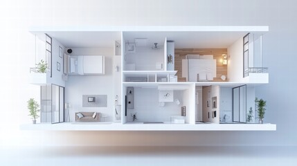 Modern Apartment Floor Plan, Top View, 3D Render