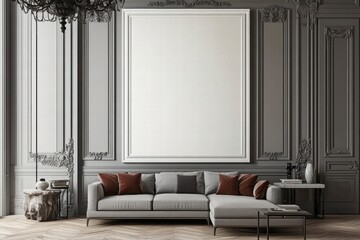 Elegant Living Room Interior Design Featuring Modern Couch, Decorative Pillows, and Minimalistic Artwork against Textured Gray Wall