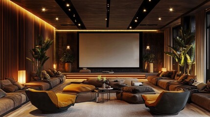 Modern minimalist home theater with cozy seating, warm lighting, large screen, and elegant design perfect for cinematic experiences and relaxation evenings