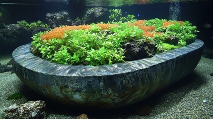 Stone Planter. Large stone planter with green and orange plants in aqu