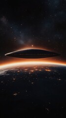 Naklejka premium Majestic alien mothership hovers over Earth at twilight, illuminating the horizon with a mysterious glow