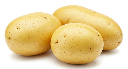 Three golden-yellow potatoes with smooth, speckled skin on a white background.