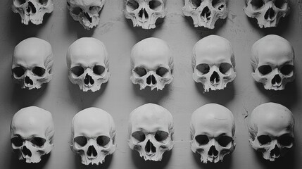 Intricate Arrangement of Human Skulls in a Symmetrical Pattern Showcasing Artistic Display for Medical and Aesthetic Purposes in Monochrome Palette