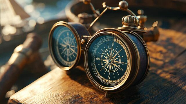 Antique bronze compasses resting on a weathered wooden table with a maritime backdrop at sunset