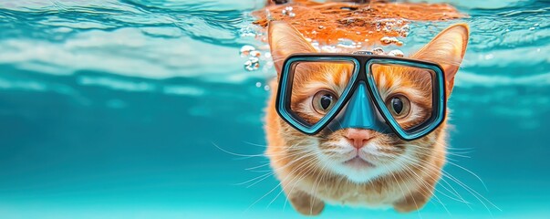 A playful orange cat wearing swimming goggles, submerged in clear water, adds a whimsical touch to an underwater scene.