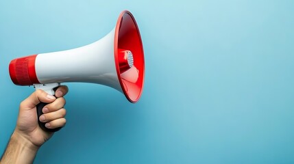 Bright Red Megaphone in a Hand Over Minimalist Blue Background