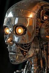 Fototapeta premium Metallic robot head, glowing eyes, exposed wiring.
