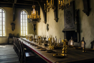 Royal-style banquet scene in a historical castle hall, with long banquet tables, gold goblets, and vintage medieval decor.