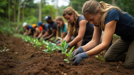 Diverse group of volunteers actively plants young trees in deforested area. Community effort promotes eco restoration. Teamwork focused on environmental sustainability. Volunteers work together for