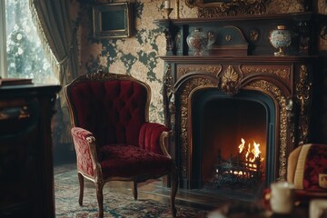 Fototapeta premium Ornate chair, fireplace, burning fire, antique room.
