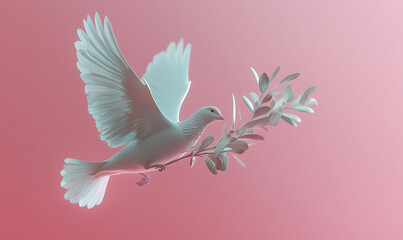 Fototapeta premium A serene dove holds an olive branch, symbolizing peace and hope against a soft pink backdrop.