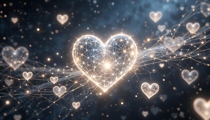 Abstract  blue, white and red glowing hearts  forming in the universe with distant stars, light  spreading from the line make it  mesmerizing networking  with connecting love spreading fantasy  theme,