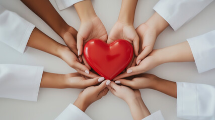 Multiple medical team of doctors and nurses hands holding heart symbolize love and care, reflecting the teamwork and dedication of healthcare professionals in improving patient well-being.