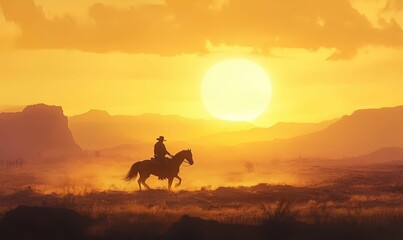 Silhouette of rider, horse, sunset, desert landscape.