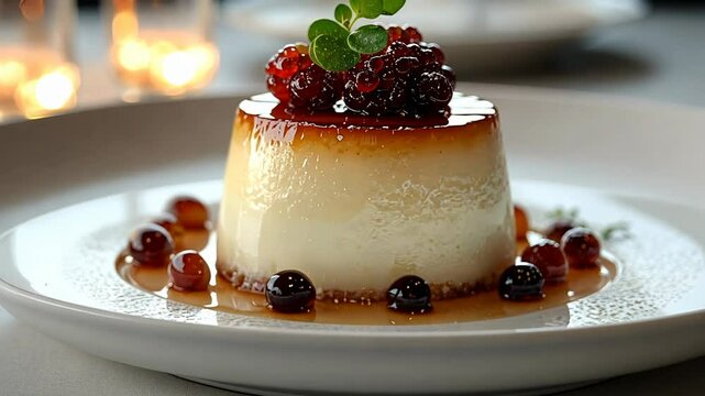 Close-up shot of a delicious pudding dessert, beautifully plated and ready to be served.