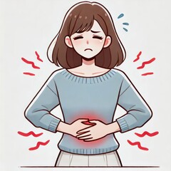 Cartoon Woman Clutching Abdomen in Pain with Worried Expression