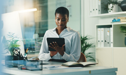 Office, black woman and scroll with tablet for reading, court case and research deadline at law...