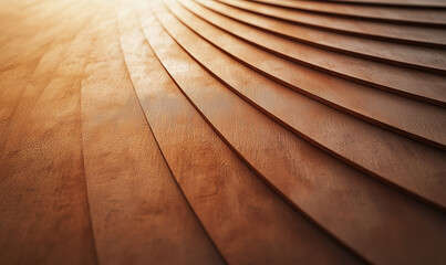 A close-up view of curved wooden layers illuminated by soft light, showcasing a warm texture and elegant design.