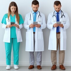 Fototapeta premium Group of Healthcare Professionals Engaged in Mobile Technology, Demonstrating Modern Communication and Patient Interaction Techniques in a Clinical Setting