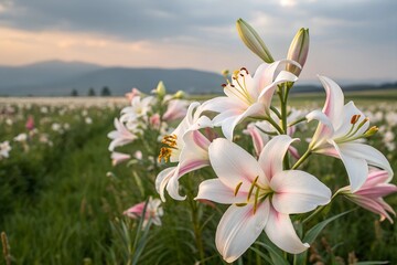 Fototapeta premium Closeup of white pink beautiful blooming lilies