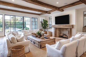 Fototapeta premium Modern Farmhouse Living Room With Exposed Beams