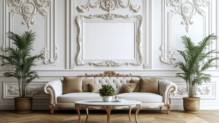 Elegant Living Room Interior Design Featuring Opulent White Sofa with Gold Accents, Decorative Plants, and Classic Wall Molding in an Upscale Environment