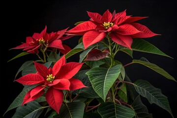 Poinsettia red flowers (euphorbia pulcherrima), isolated on black background