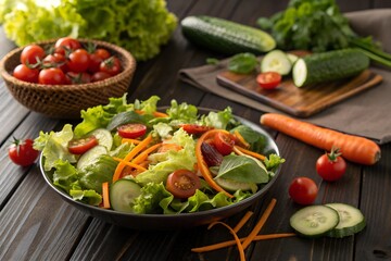 Ripe lettuce salad vegetables on a dark wooden table