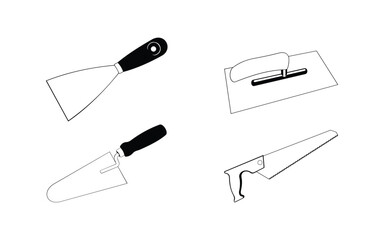 Construction and masonry tools vector set: spatula, trowel, float and saw - illustrations for DIY and building projects