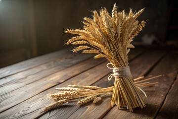 Sheaf of spelt ears on a wooden table, light focus on the center