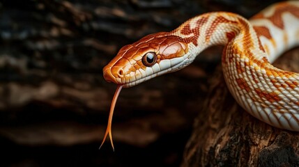 Obraz premium Close-Up of a Colorful Snake with Distinct Orange and White Pattern Drifting its Tongue in a Natural Environment Surrounded by Wood Background
