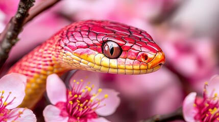 Obraz premium Close-Up Image of a Vibrant Colorful Snake Surrounded by Cherry Blossom Flowers Showcasing Nature's Beauty and Wildlife in a Colorful Spring Setting