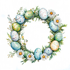 Watercolor Easter wreath with eggs and daisies, on a white background, in pastel colors, vintage style, highly detailed