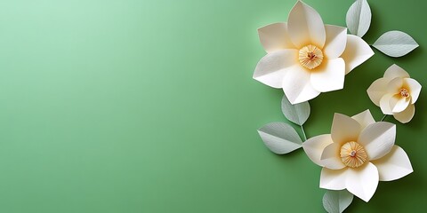 Delicate Paper Flowers Arranged on Green Background