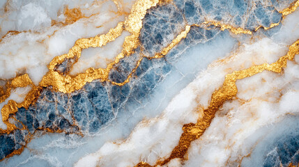 A luxurious and elegant marble texture with veins of gold, white, and blue creating a stunning contrast that symbolizes wealth, purity, and tranquility, perfect for refined design themes

