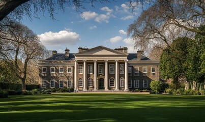 Grand mansion, columns, lawn, trees, sunny day.