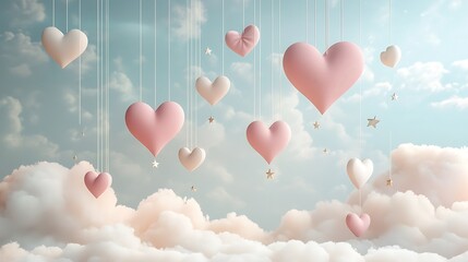 Pink and white hearts float among fluffy clouds and stars