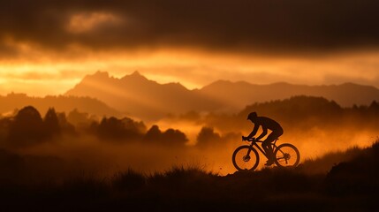 Obraz premium Silhouette of cyclist riding gravel bike at sunset, mountains and fog in background.