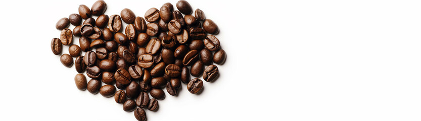 Obraz premium Heart made of coffee beans isolated on white background. Coffee beans arranged in a heart shape, top view, light background. Heart shape made of coffee beans, Valentine's Day concept, symbol of love