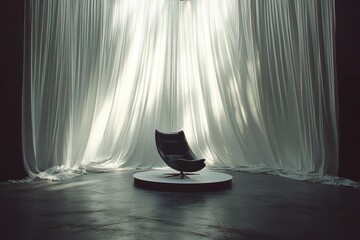 Minimalist Black Chair on Circular Pedestal Surrounded by Soft White Drapes in Dimly Lit Studio Environment for Modern Interior Design and Home Decor