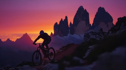 Obraz premium Silhouette of cyclist mountain biking at sunset.