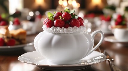 Strawberry Dessert. White ceramic teacup with fresh strawberries and c
