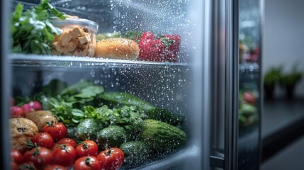 Fresh vegetables and fruits stored in a refrigerator with condensation in a modern kitchen