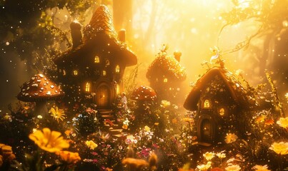 Obraz premium Enchanted homes, glowing lights, whimsical flowers, magical forest.