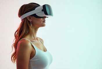 Woman with wearing a VR headset appearing captivated by the virtual reality experience set against white background